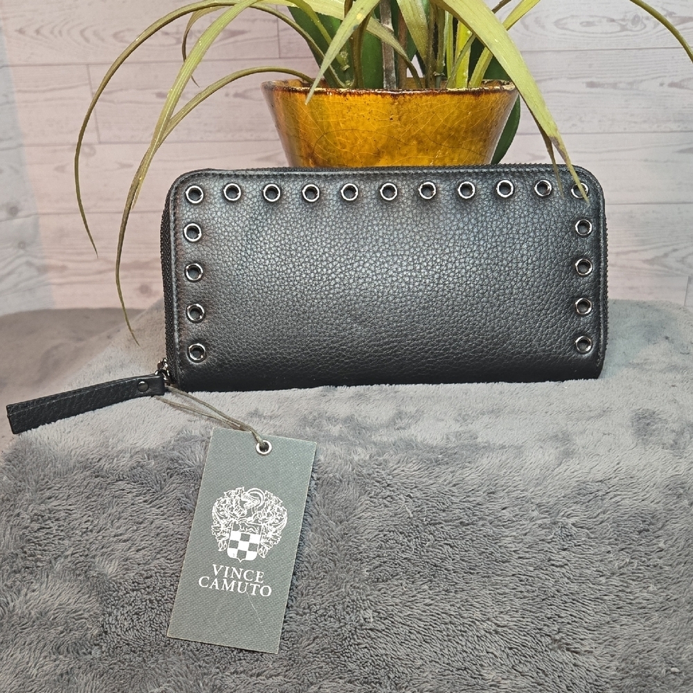 Vince Camuto Black Zip-Around Wallet with Eyelet Detail